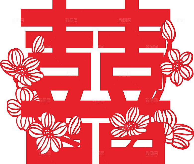 喜字窗花喜字喜鹊梅花矢量图