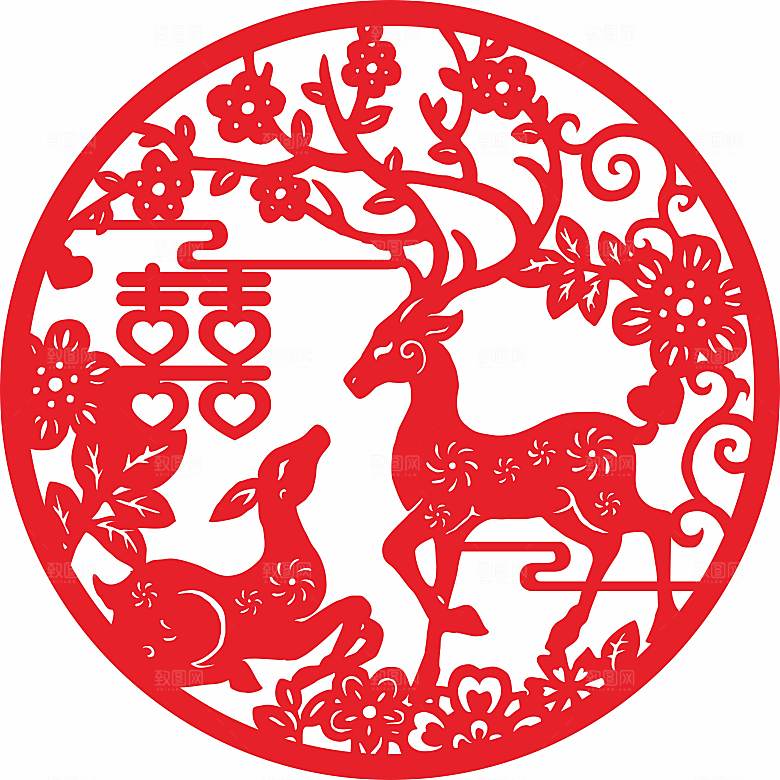 喜字窗花喜字鹿梅花矢量图