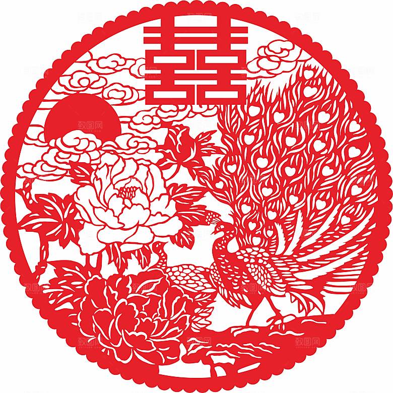 喜字凤凰窗花矢量图