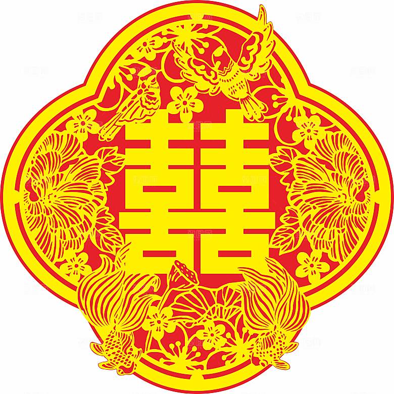 喜字金鱼窗花矢量图分层