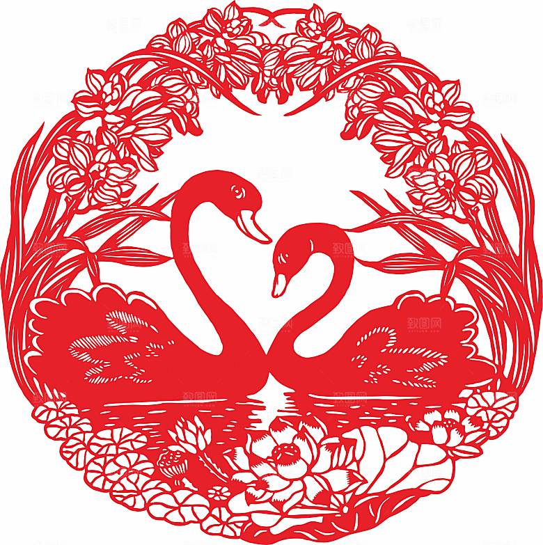 喜字鸳鸯窗花矢量图
