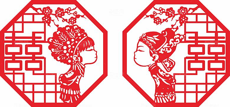喜字新郎新娘窗花矢量图