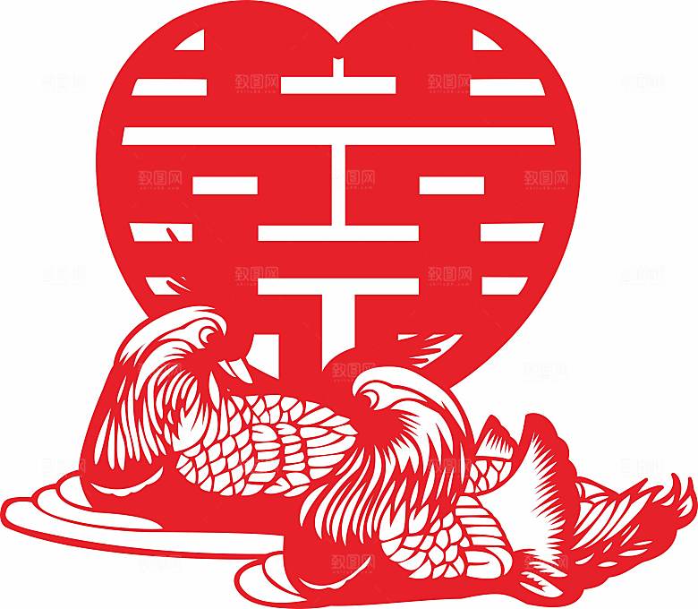 结婚窗花贴纸喜字鸳鸯矢量图CDR
