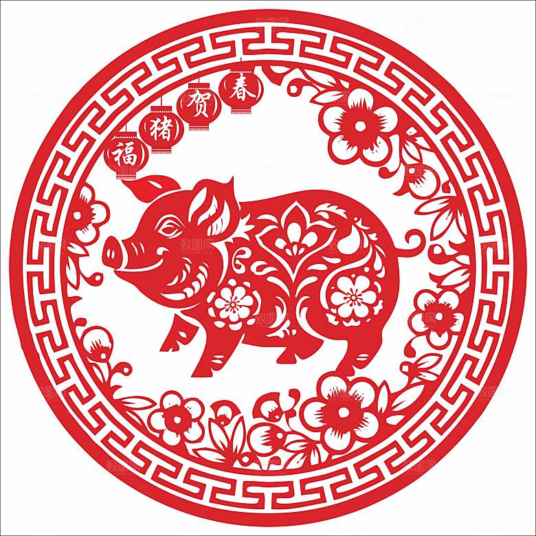 十二生肖窗花剪影矢量图猪