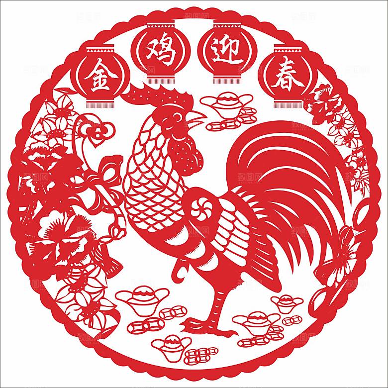 十二生肖窗花剪影矢量图鸡
