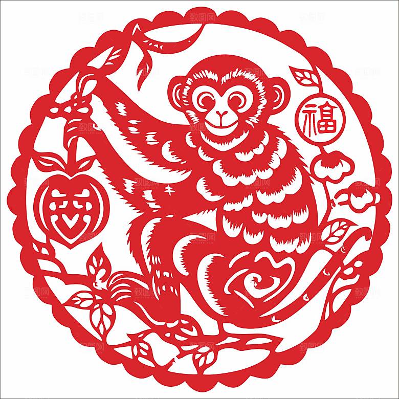 十二生肖窗花剪影矢量图猴