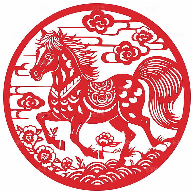 773十二生肖窗花剪影矢量图马