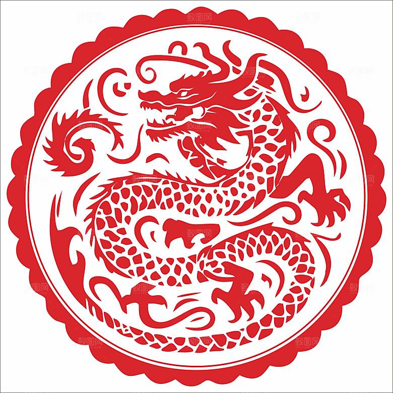 十二生肖窗花剪影矢量图龙