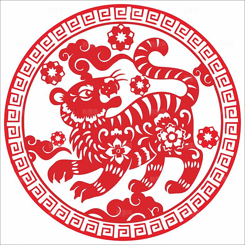 十二生肖窗花剪影矢量图虎