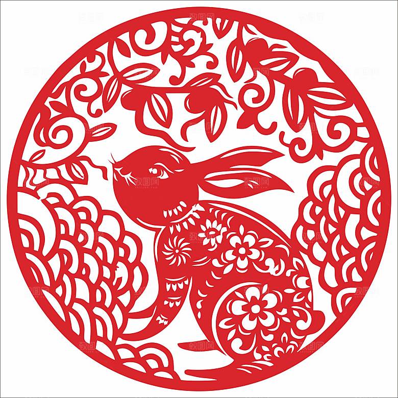 十二生肖窗花剪影矢量图兔