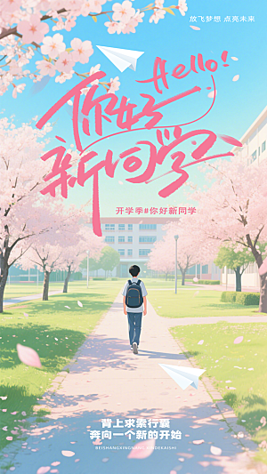 卡通风你好新同学开学季海报