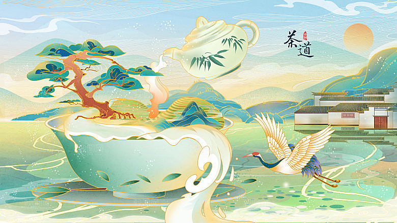 茶道茶叶背景山水画