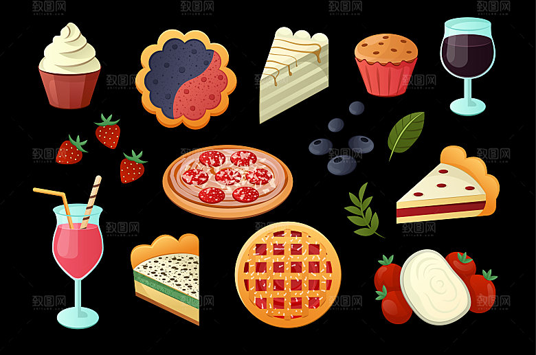 甜品食品手绘插画贴纸