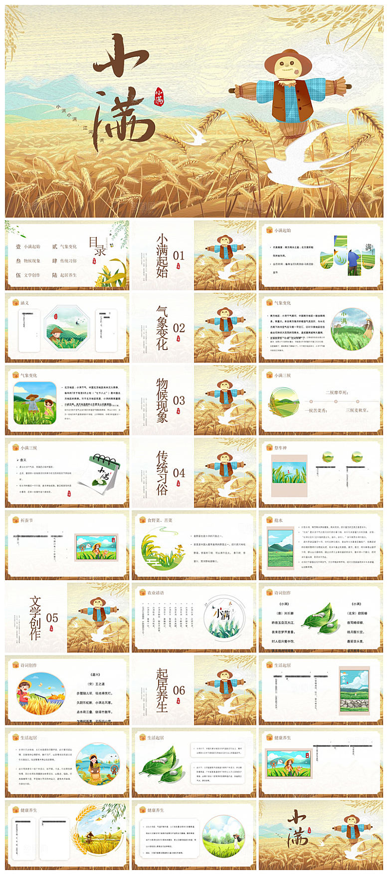 绿色清新中国传统24节气小满卡通介绍课件