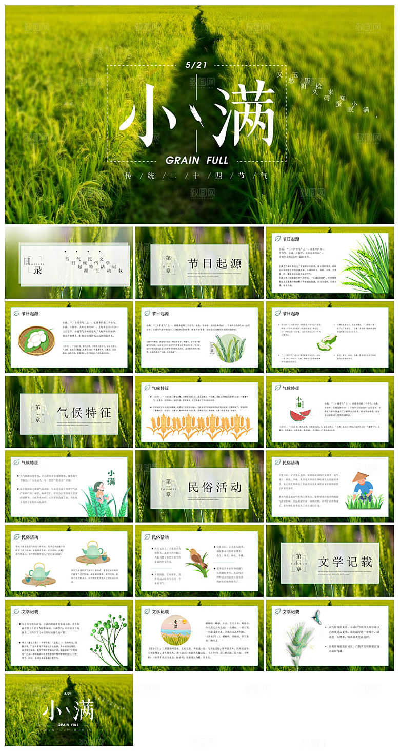 绿色清新中国传统24节气小满卡通介绍课件