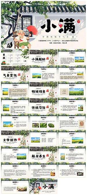 绿色清新中国传统24节气小满卡通介绍课件