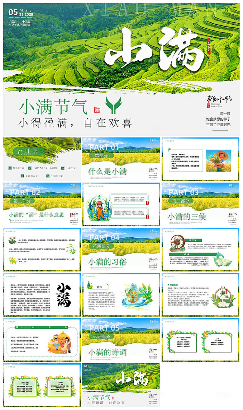 绿色清新中国传统24节气小满卡通介绍课件