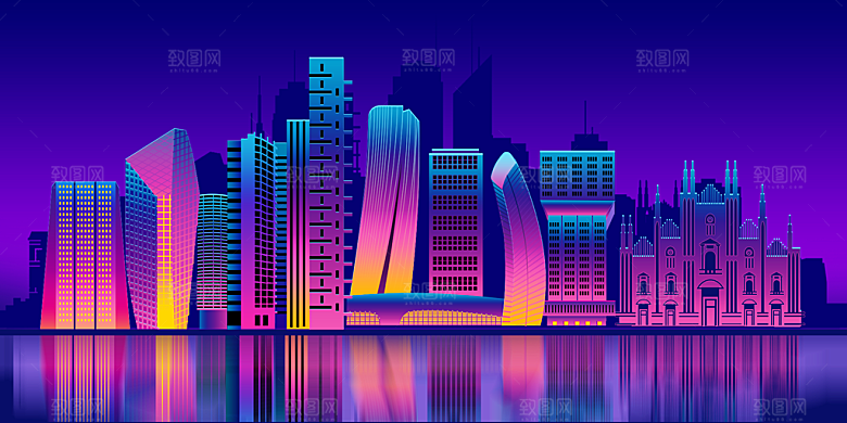 简约大气城市夜景插画海报