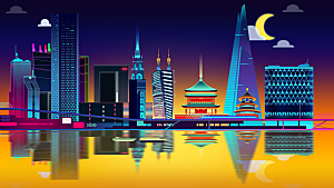简约大气城市夜景插画海报