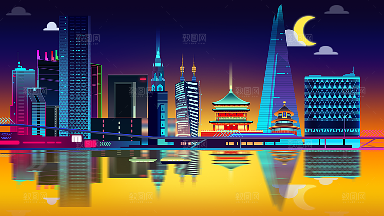 简约大气城市夜景插画海报
