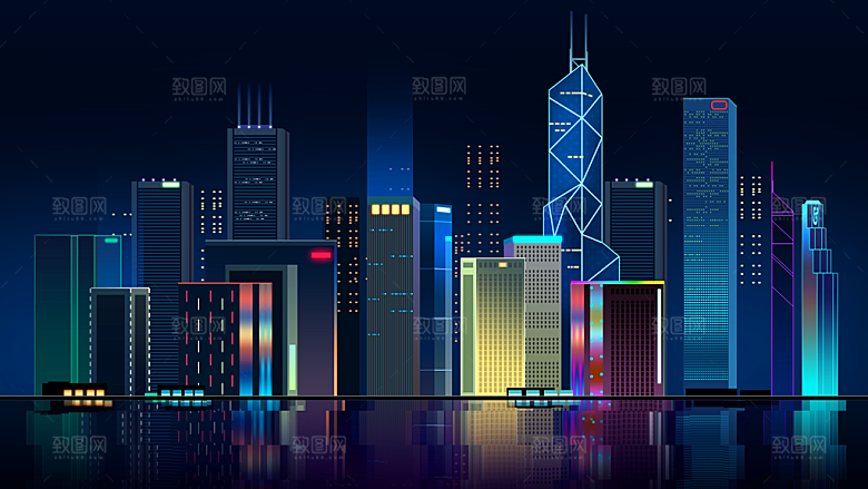 简约大气城市夜景插画海报