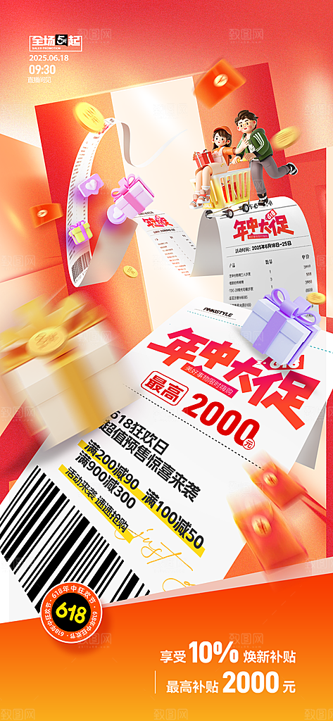 618电商活动会员福利满减优惠购物节海报