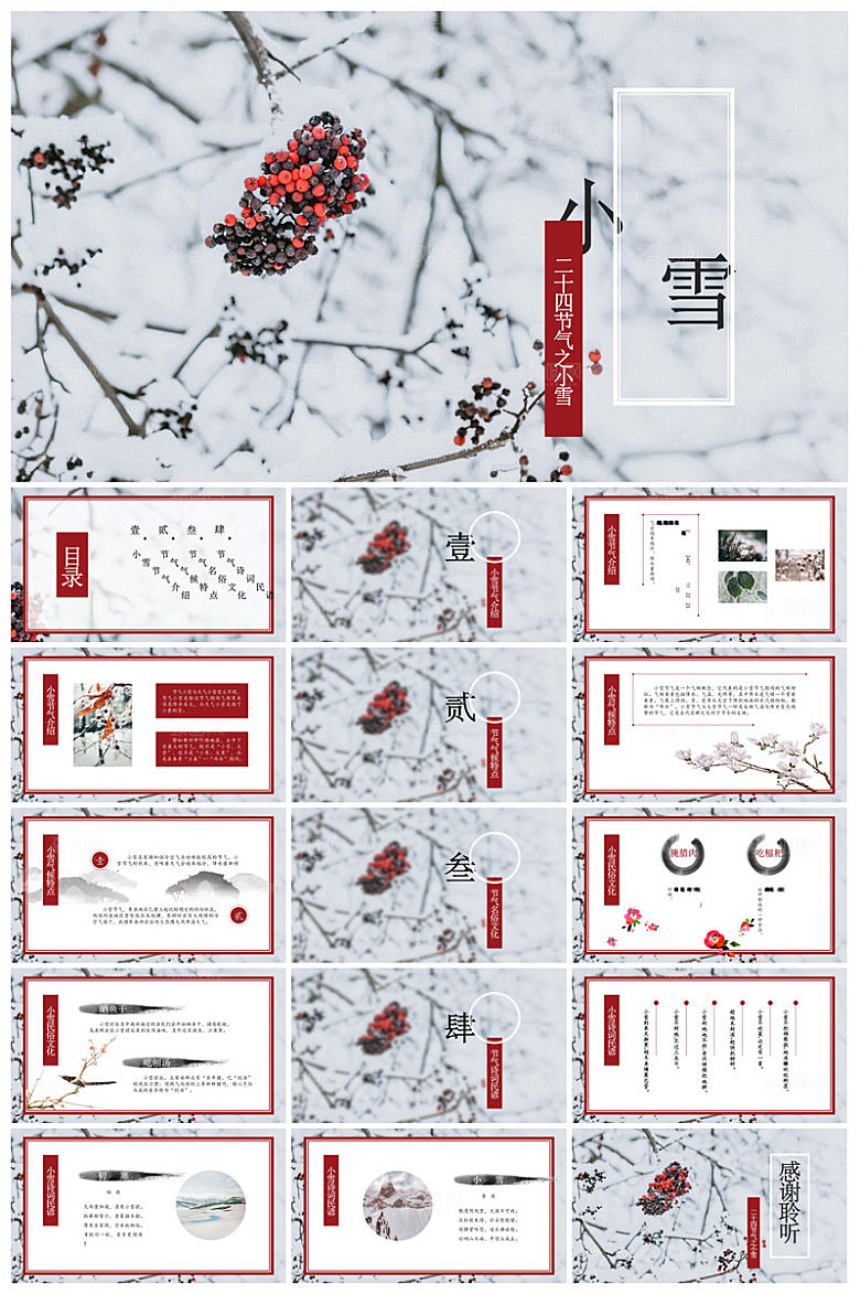 简约中国传统节气文化介绍雪花雪景冬天课件