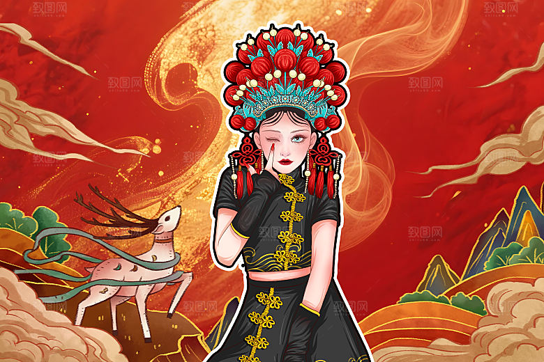 国潮中国风戏曲美女红色喜庆背景板
