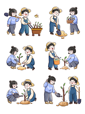 植树节种树过程系列元素