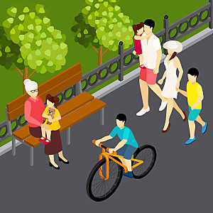 等距城市公园湖边绿化带树木散步广场
