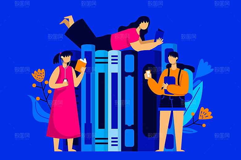 手绘扁平风卡通读书人物阅读书籍学习