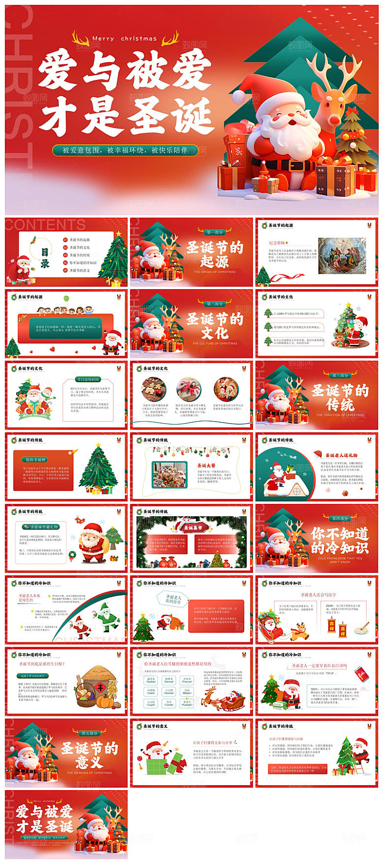 可爱卡通绿红色圣诞节节日介绍主题班会课件