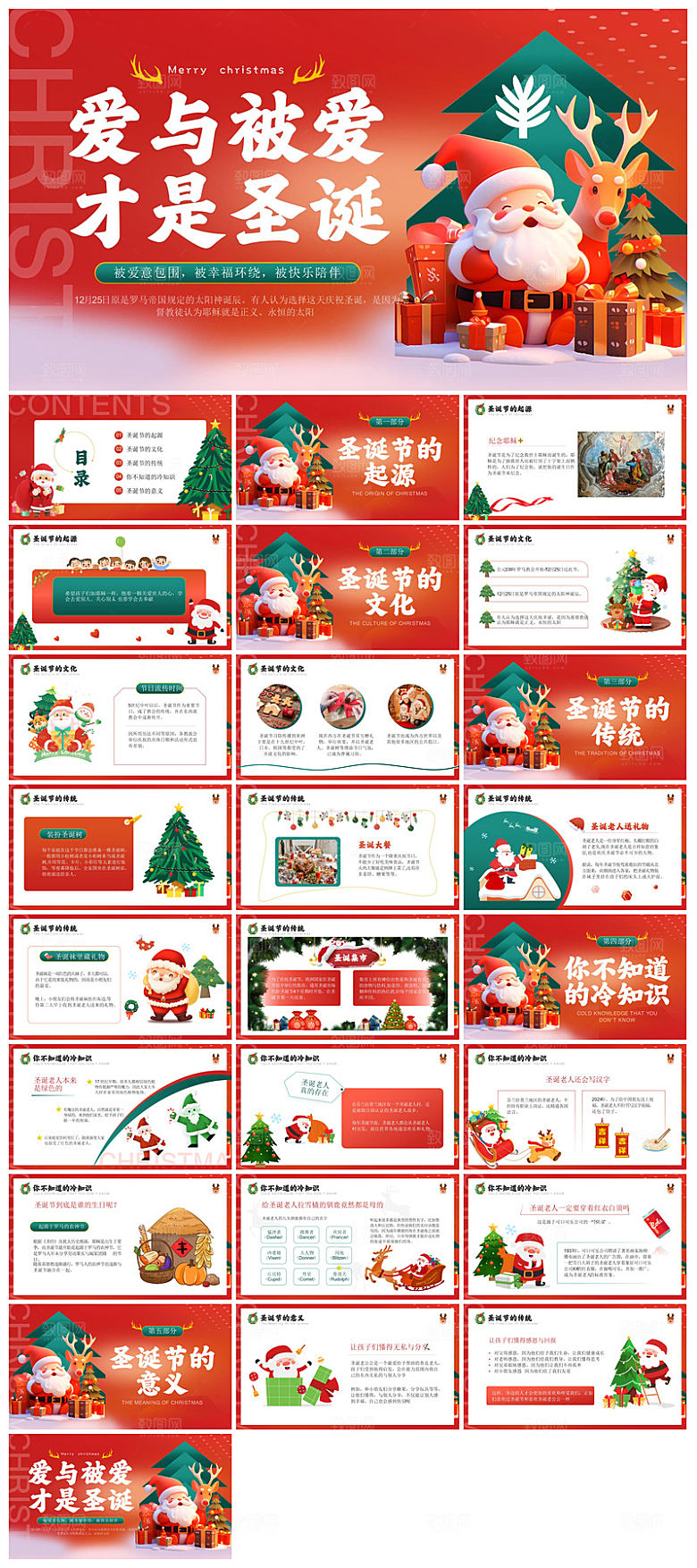 可爱卡通绿红色圣诞节节日介绍主题班会课件