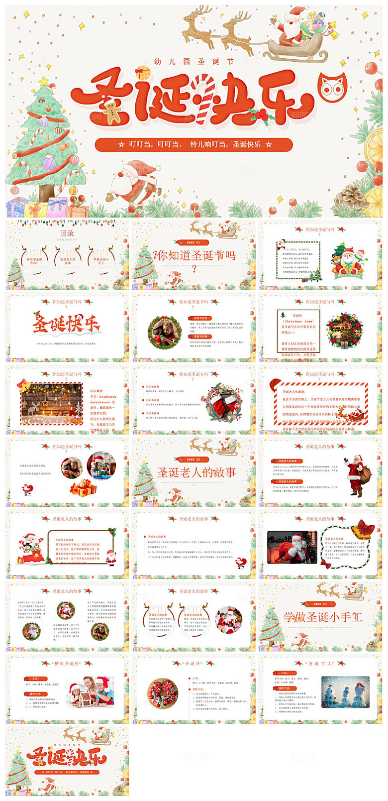 可爱卡通绿红色圣诞节节日介绍主题班会课件