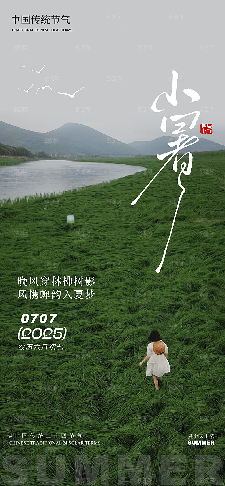 小暑草地背影清新简约小鸟湖泊山峰