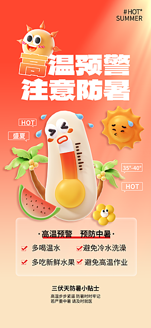 橙色卡通高温预警海报
