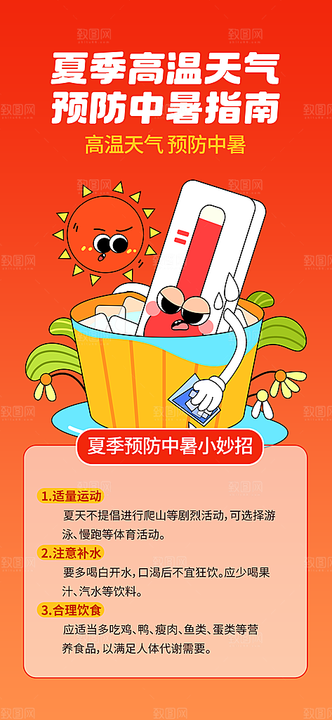 红色简约夏季防暑指南海报