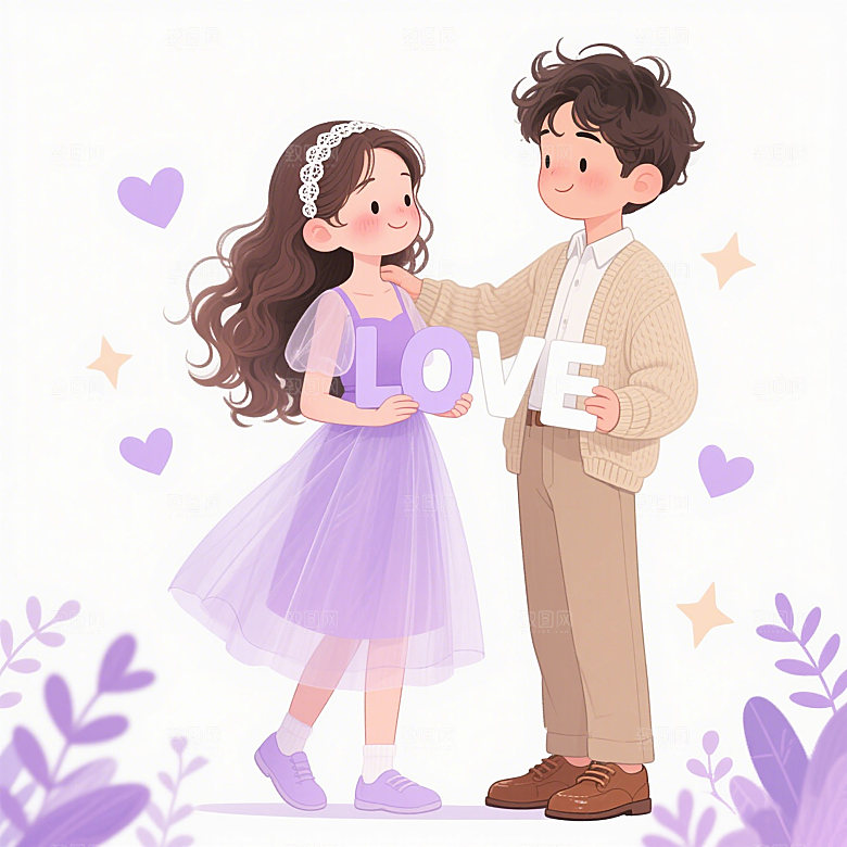 治愈紫色情侣插画人物素材
