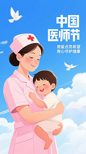 中国医师节插画海报护士抱小孩节日宣传海报