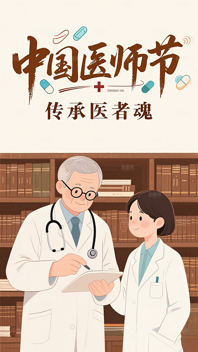 中国医师节插画海报医生节日宣传海报