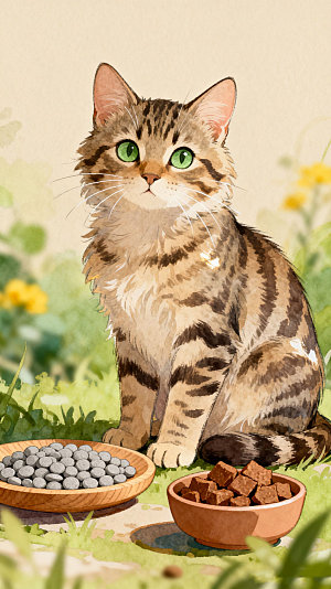 可爱动物猫咪户外斑纹猫场景插画手绘风