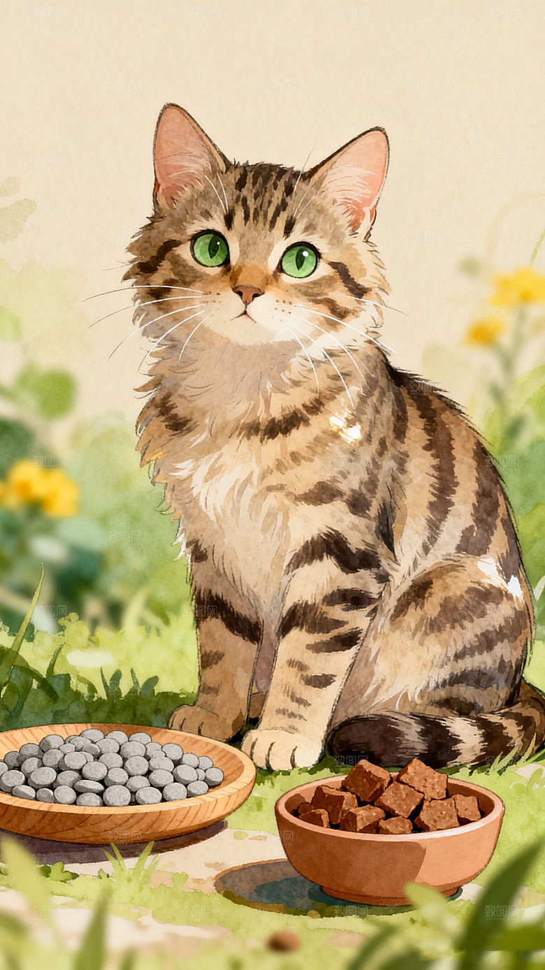 可爱动物猫咪户外斑纹猫场景插画手绘风