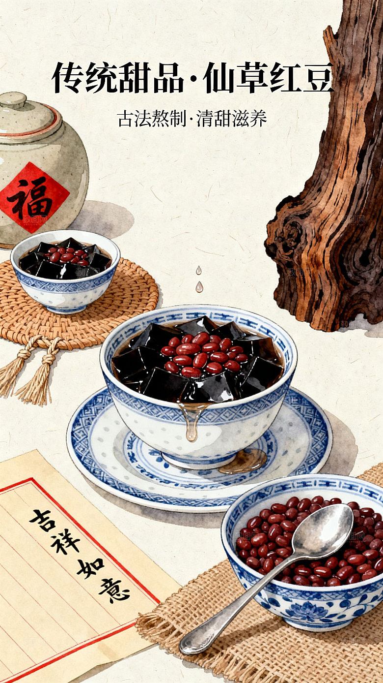 传统美食插画仙草冻黑凉粉红豆甜品