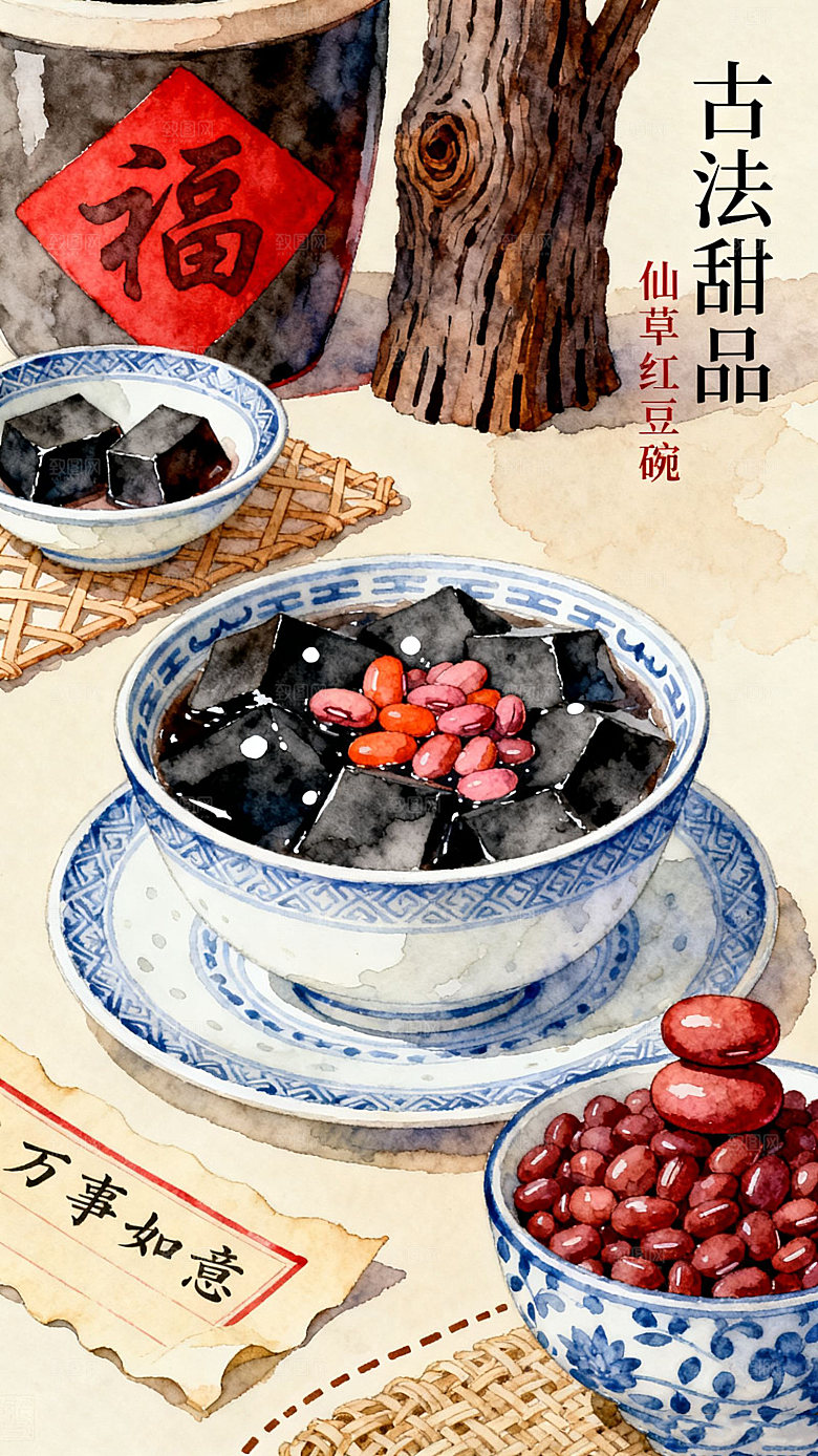 传统美食插画仙草冻黑凉粉红豆甜品