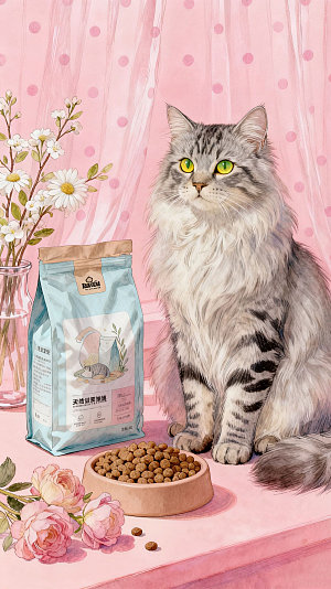 浅灰深灰相间长毛猫猫咪与宠物食品场景插画