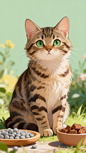 可爱动物猫咪户外斑纹猫场景插画手绘风