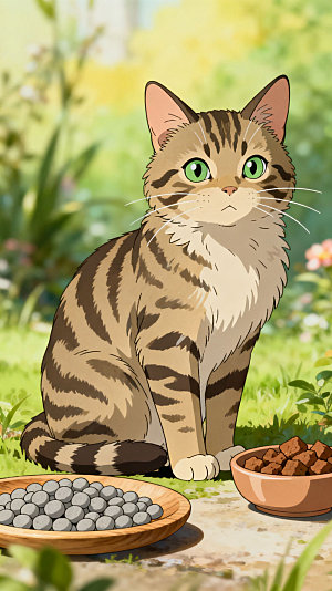 可爱动物猫咪户外斑纹猫场景插画手绘风
