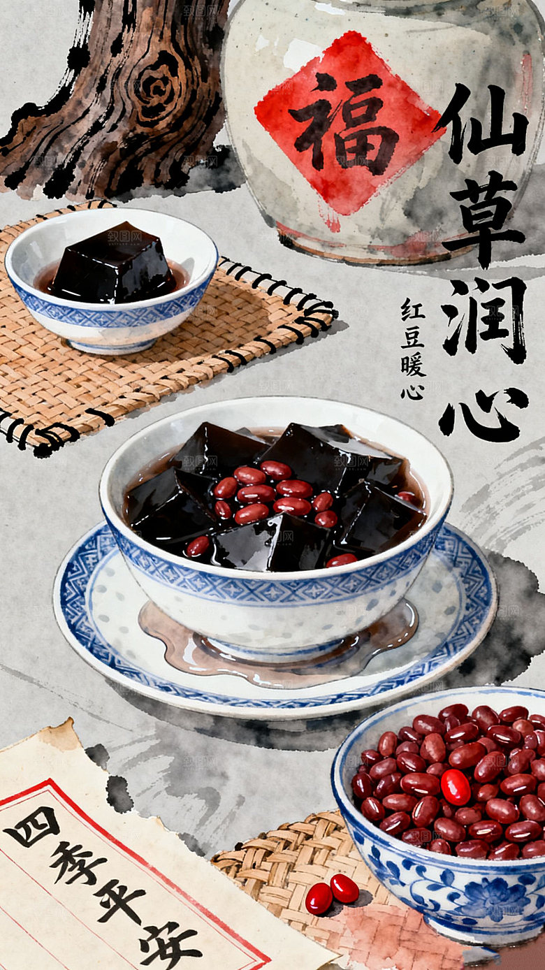 传统美食插画仙草冻黑凉粉红豆甜品