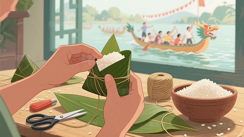 包粽子与龙舟赛插画
