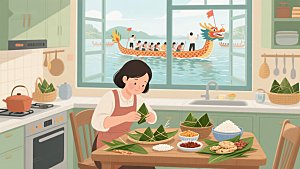 厨房包粽子，窗外龙舟赛